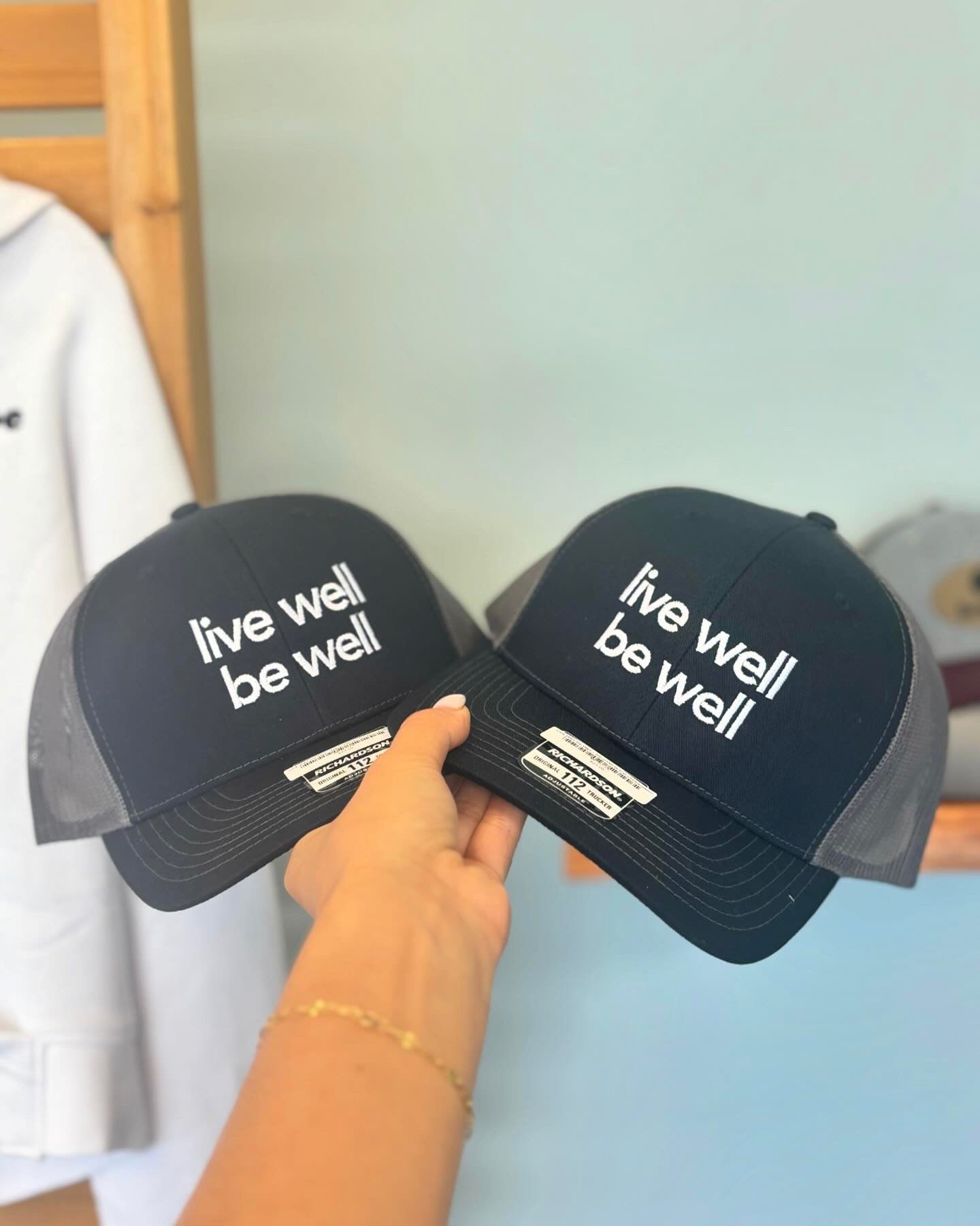 live well be well - navy/grey trucker hat