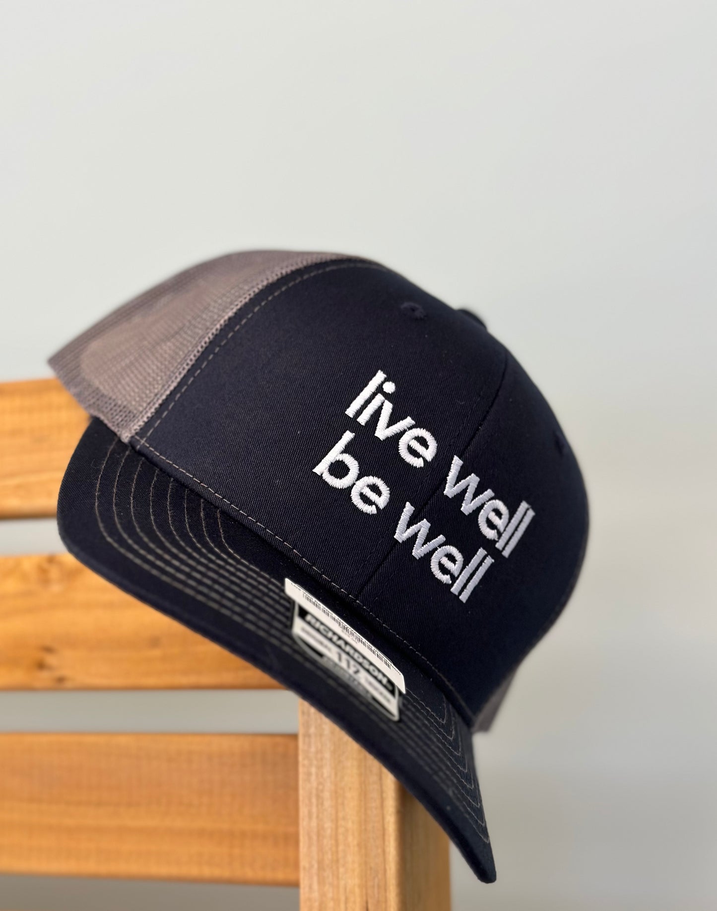 live well be well - navy/grey trucker hat